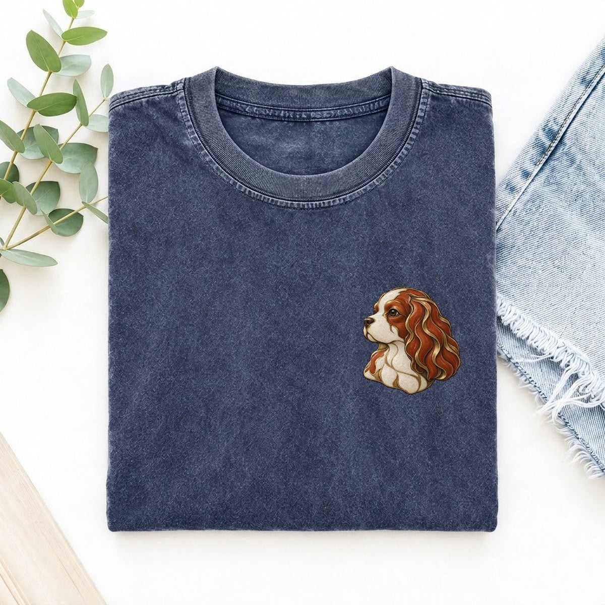 Cavalier Ribbon Ear Keepsake Emblem Left Chest Vintage T-shirt – Blue