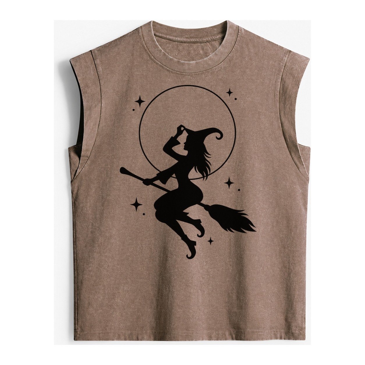 Witch On Broom Vintage Washed Tank – Brown