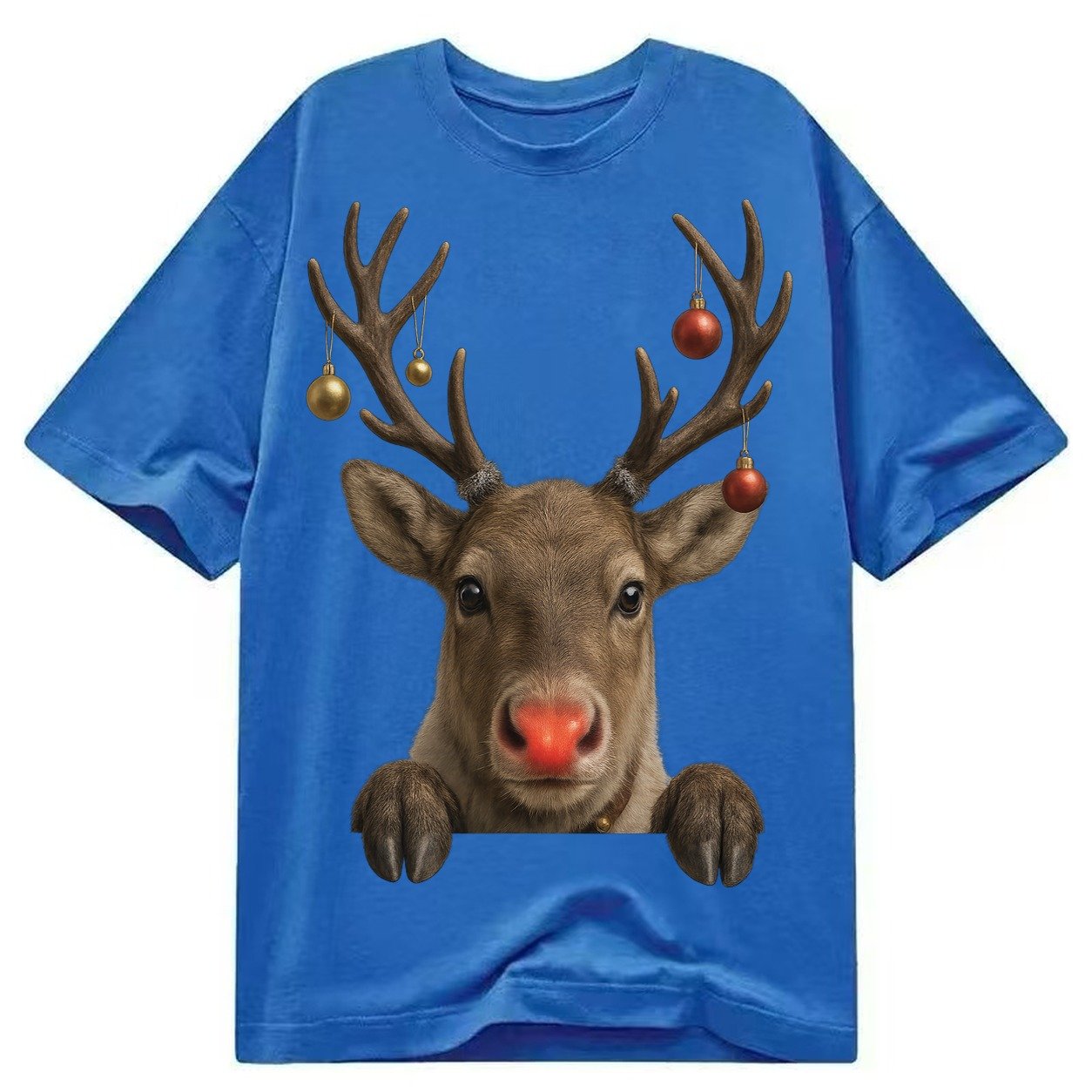 Christmas Reindeer Red Nose Glowing Antlers With Ornaments J Classic T-shirt – Blue