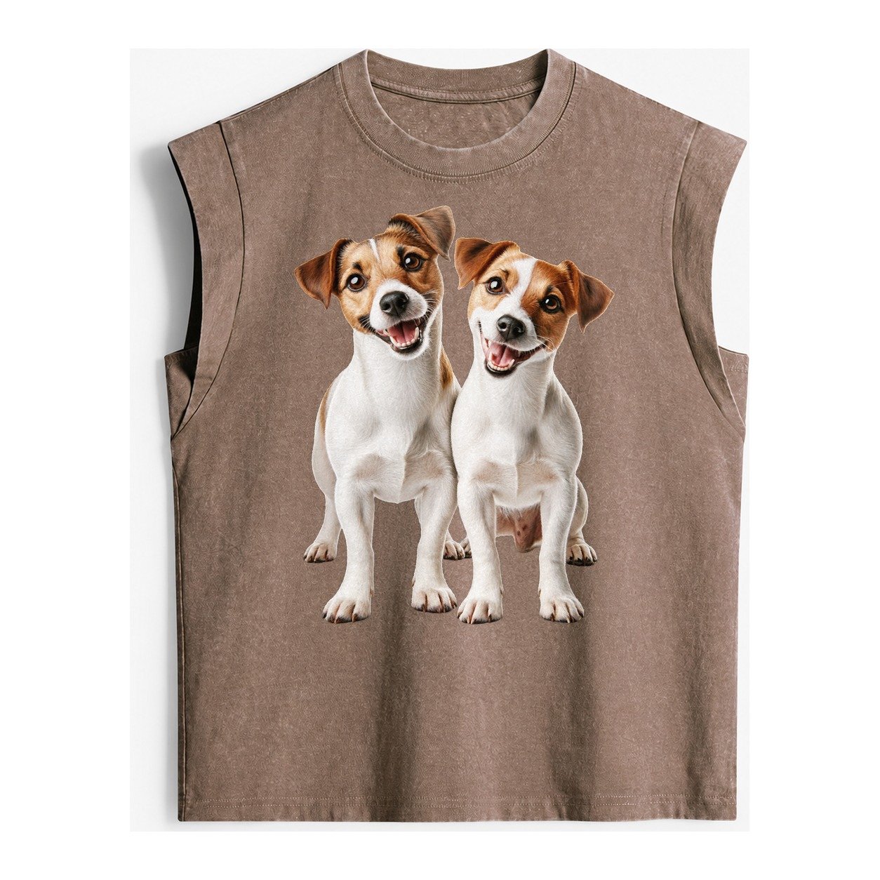 Two Jack Russels Vintage Washed Tank – Brown