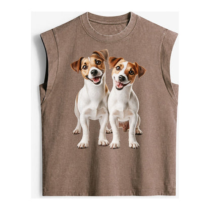 Two Jack Russels Vintage Washed Tank – Brown