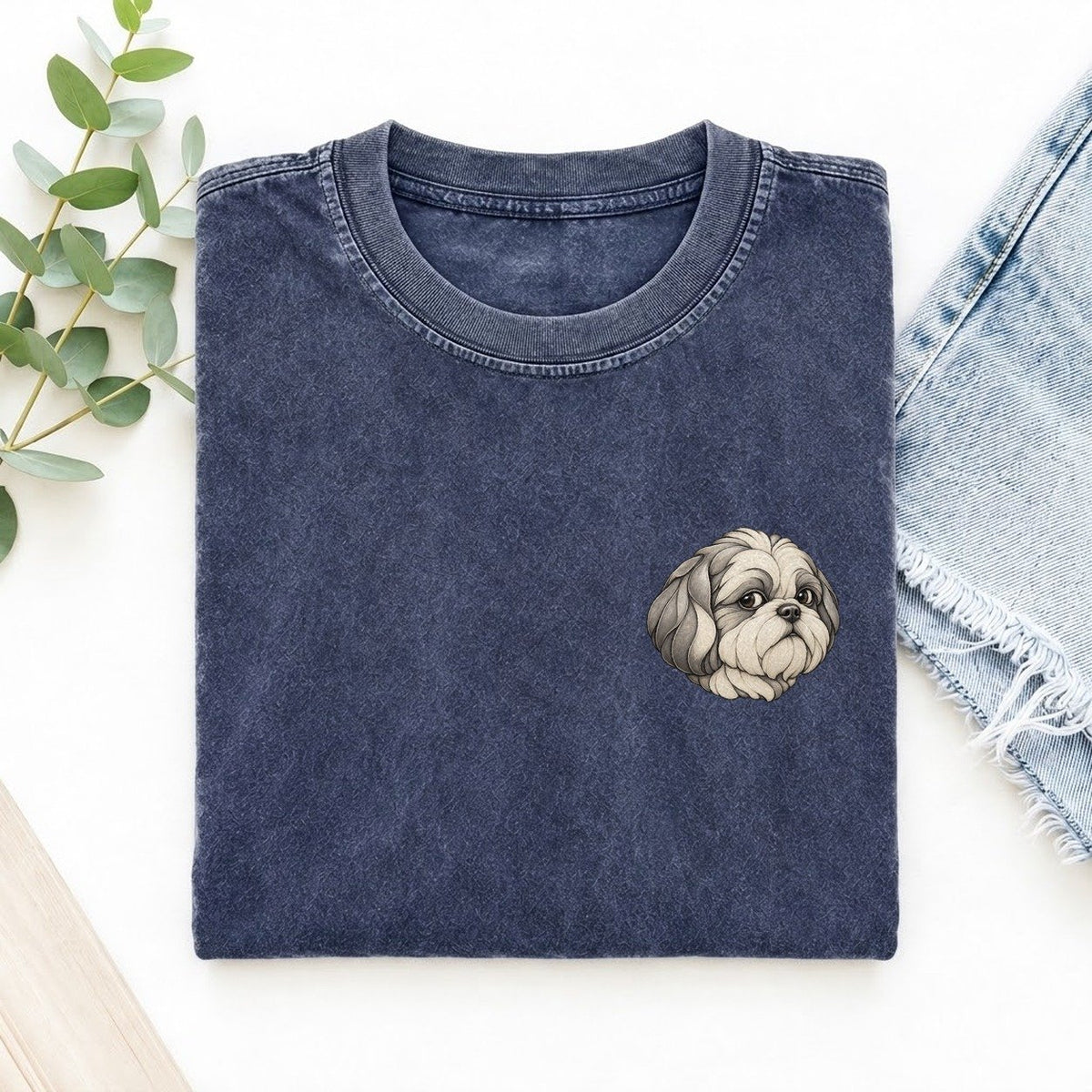 Shih Tzu Side Glance Keepsake Emblem Left Chest Vintage T-shirt – Blue