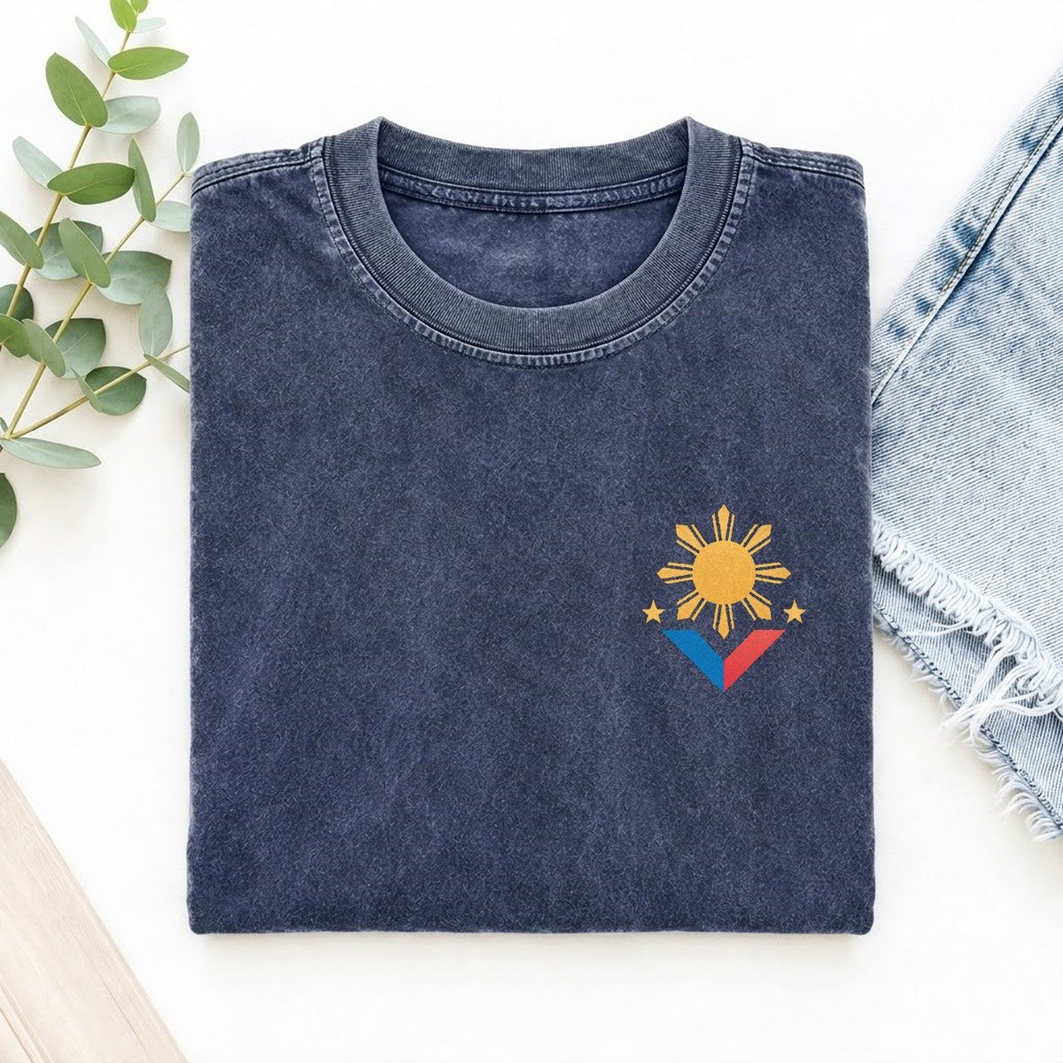 Philippines Sun Emblem Left Chest Vintage T-shirt – Blue