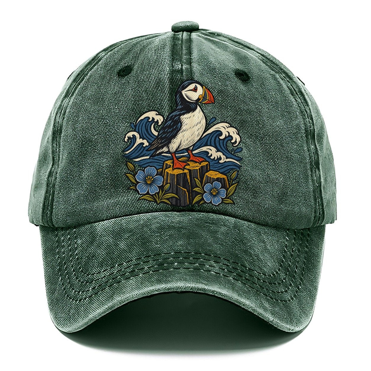 Causeway Coast Puffin And Flax Flowers Uk Culture Heritage Classic Cap – Forest Mist