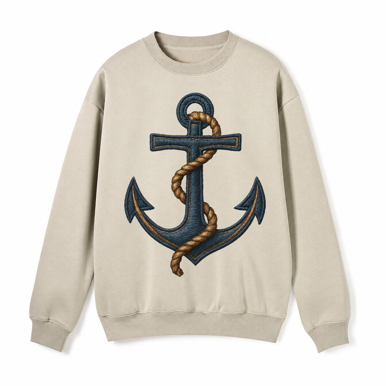 Anchor And Rope Nautical Illustration Fleece Sweatshirt – Light Khaki