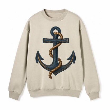 Anchor And Rope Nautical Illustration Fleece Sweatshirt – Light Khaki