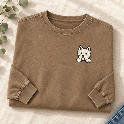 West Highland Terrier Left Chest Washed Long Sleeve T-Shirt – Coffee
