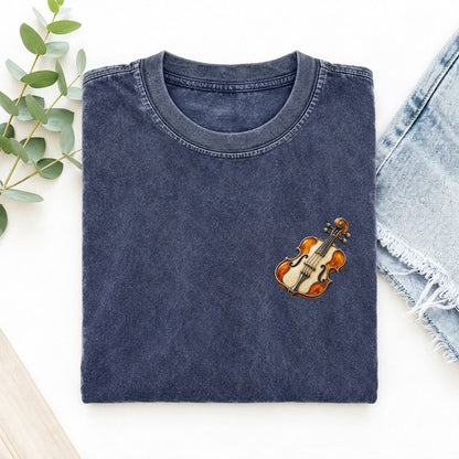 Violin Scroll Curl Keepsake Emblem Left Chest Vintage T-shirt – Blue
