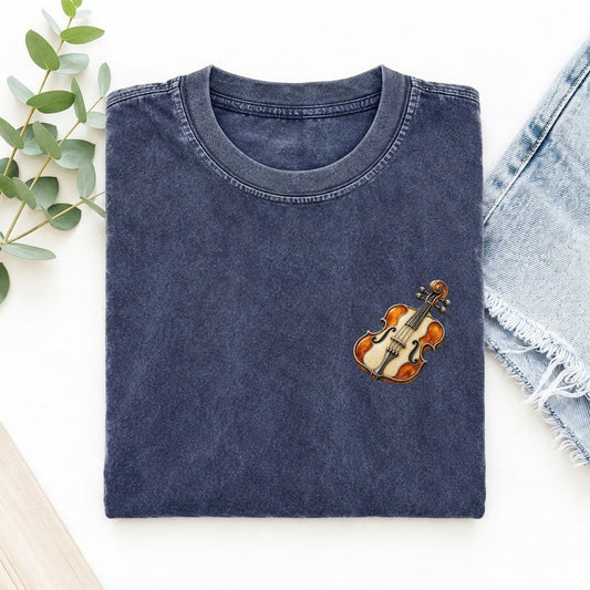 Violin Scroll Curl Keepsake Emblem Left Chest Vintage T-shirt – Blue