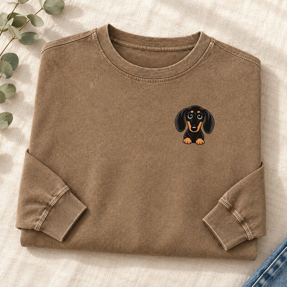 Retro Dachshund Left Chest Washed Long Sleeve T-Shirt – Coffee