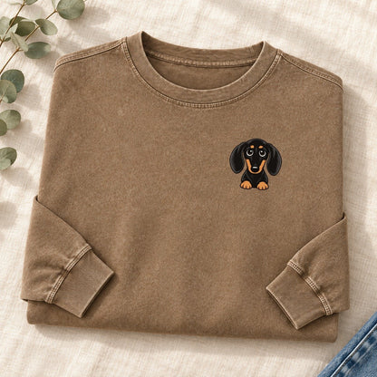 Retro Dachshund Left Chest Washed Long Sleeve T-Shirt – Coffee