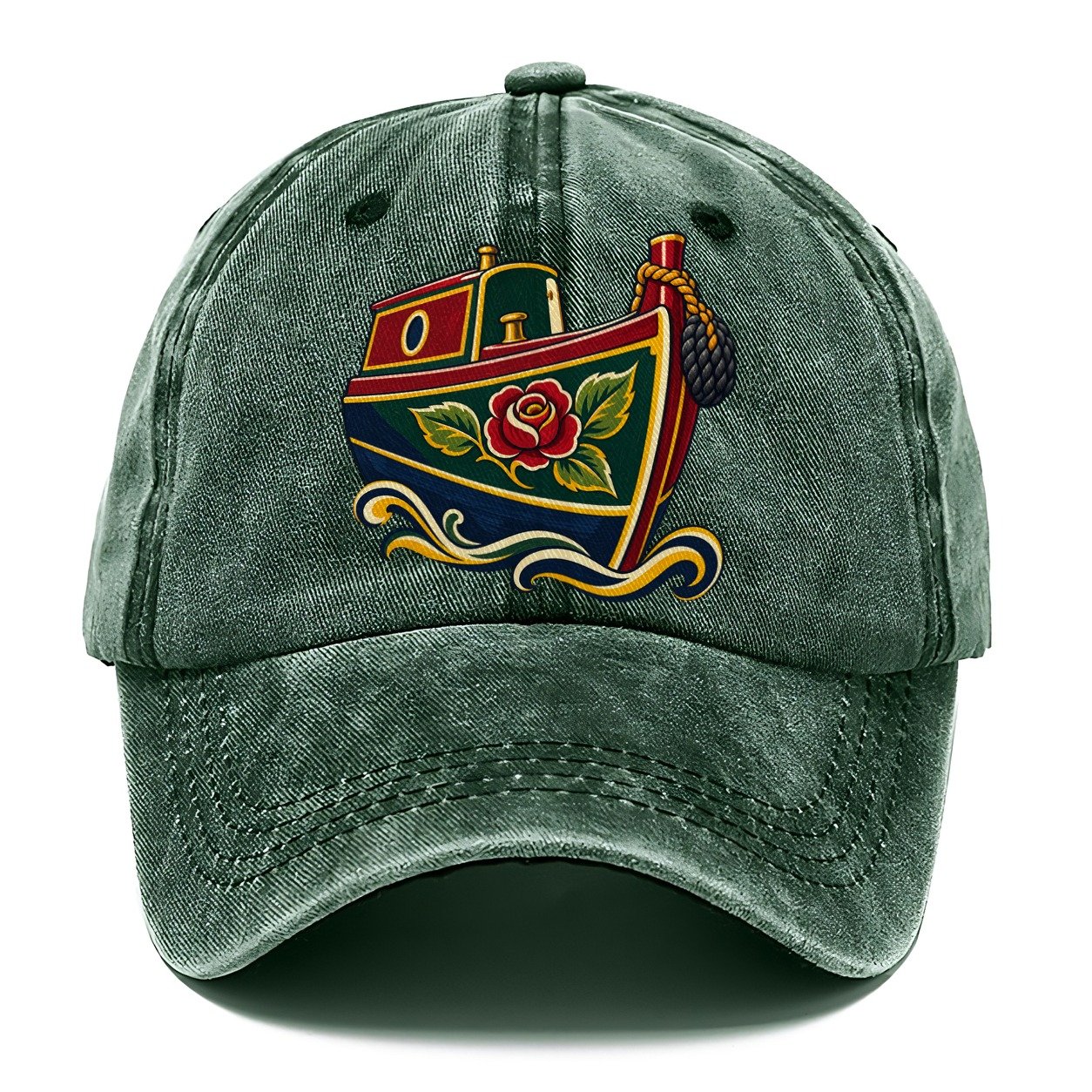 Canal Narrowboat Rose Painted Bow Uk Culture Heritage Classic Cap – Forest Mist