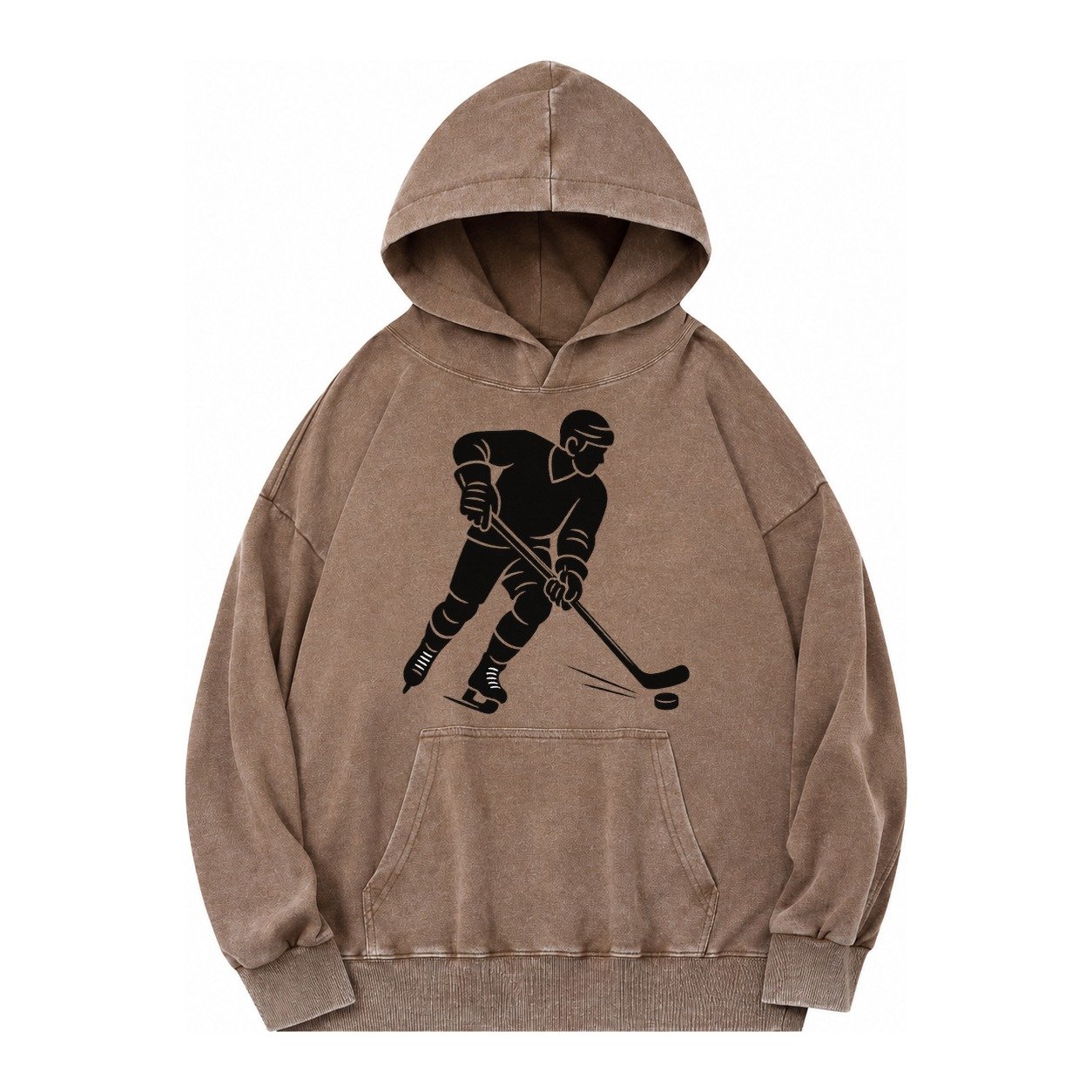 Ice Hockey Player Shooting Puck Vintage Washed Hoodie – Brown