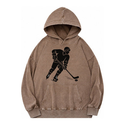 Ice Hockey Player Shooting Puck Vintage Washed Hoodie – Brown