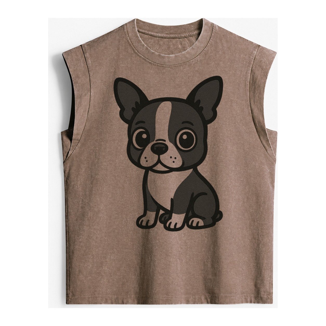 Boston Terrier Black And White Sitting Pose With Tuxedo Mark Vintage Washed Tank – Brown