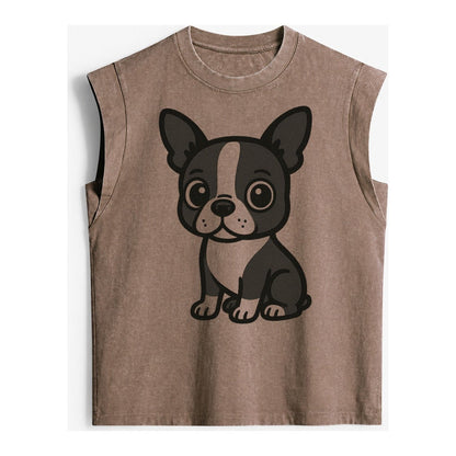 Boston Terrier Black And White Sitting Pose With Tuxedo Mark Vintage Washed Tank – Brown