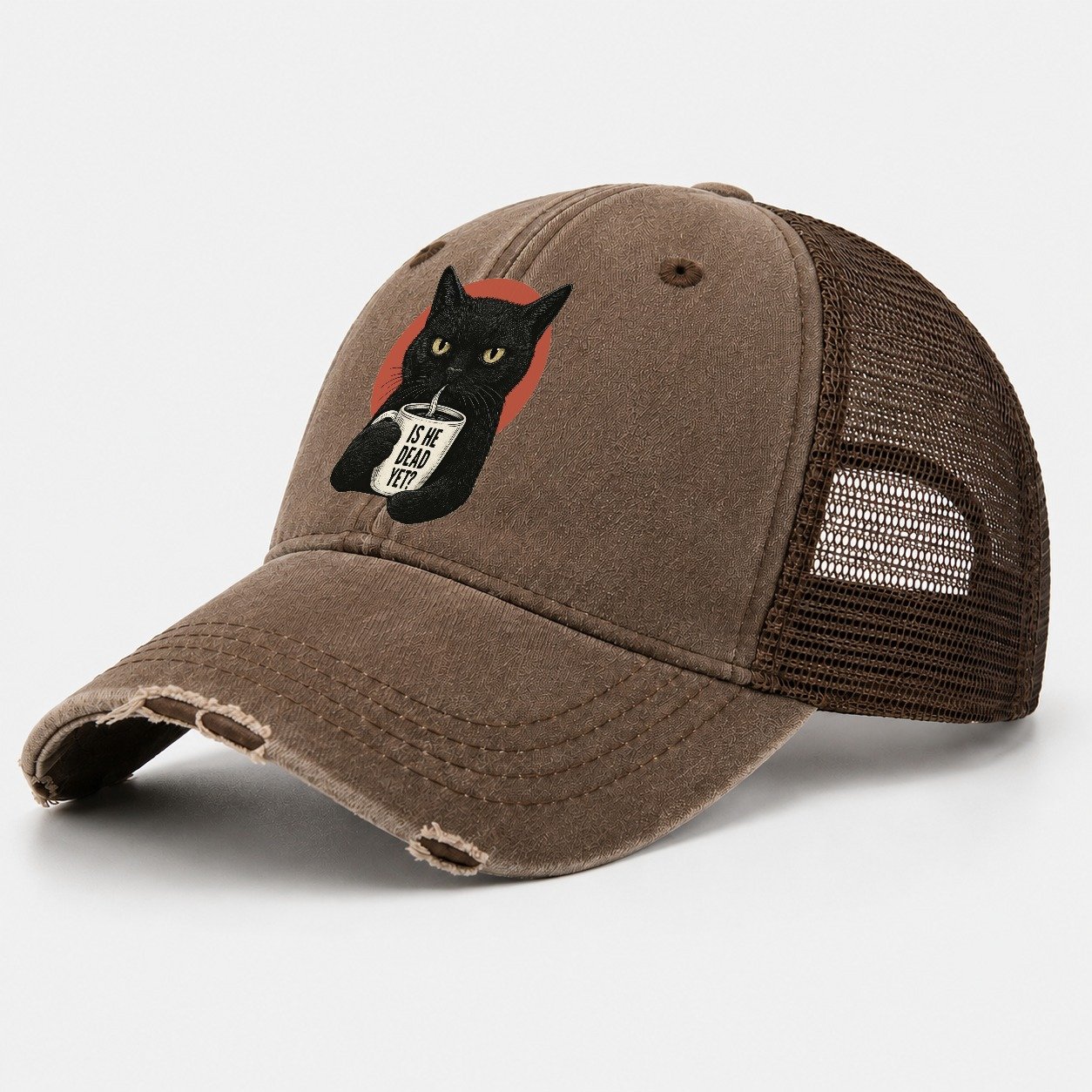 Is He Dead Yet Cat Washed Trucker Hat – Coffee