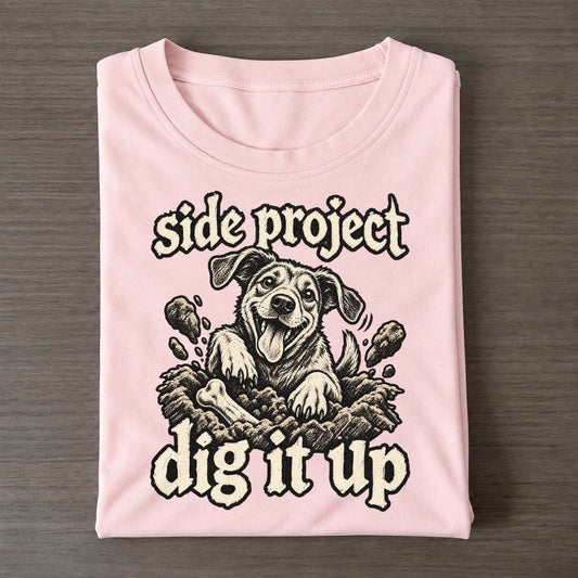 A Dog Waist Deep In A Hole Seen From The Front With Soil Flying Bark For Me Classic T-shirt – Pink