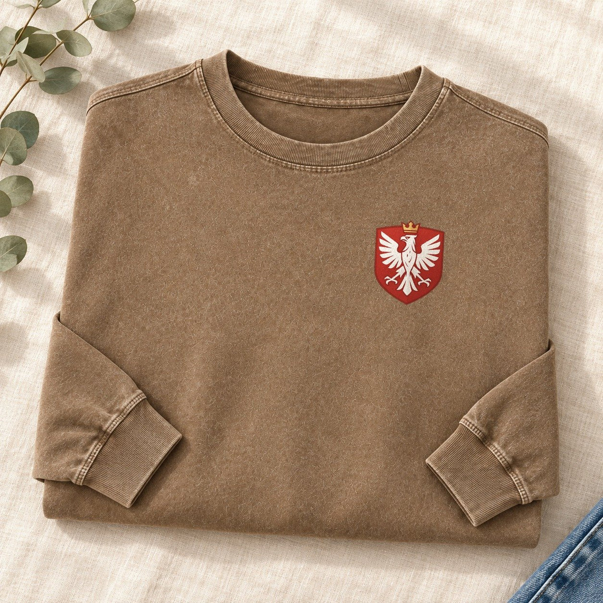 Poland White Eagle Left Chest Washed Long Sleeve T-Shirt – Coffee