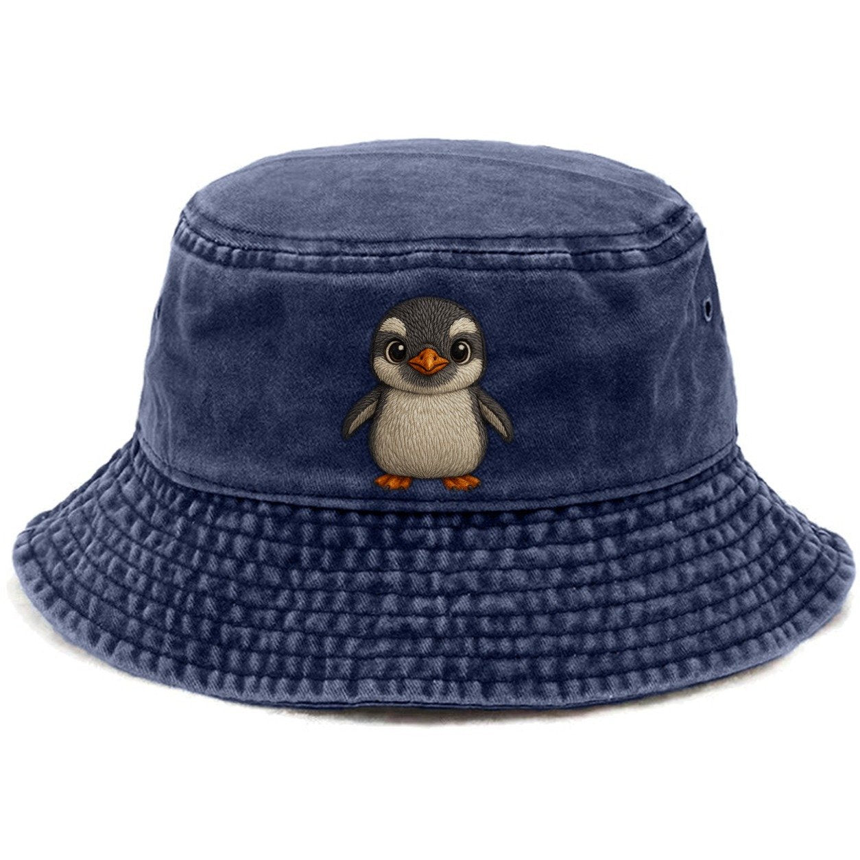 Baby Gentoo Penguin Orange Beak White Cap Bright Eyes Front Facing Energetic Vintage Bucket Hat – Twilight Navy