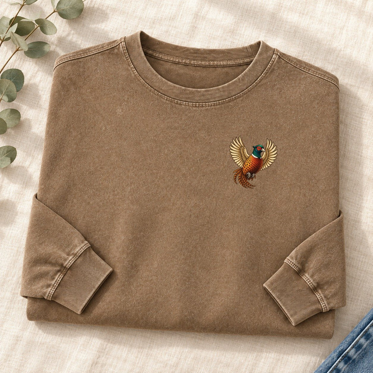 Pheasant In Flight Left Chest Washed Long Sleeve T-Shirt – Coffee