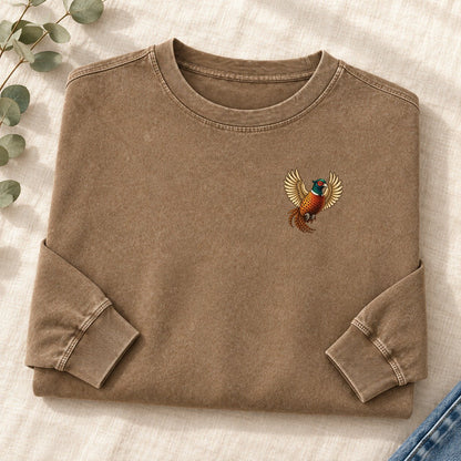 Pheasant In Flight Left Chest Washed Long Sleeve T-Shirt – Coffee