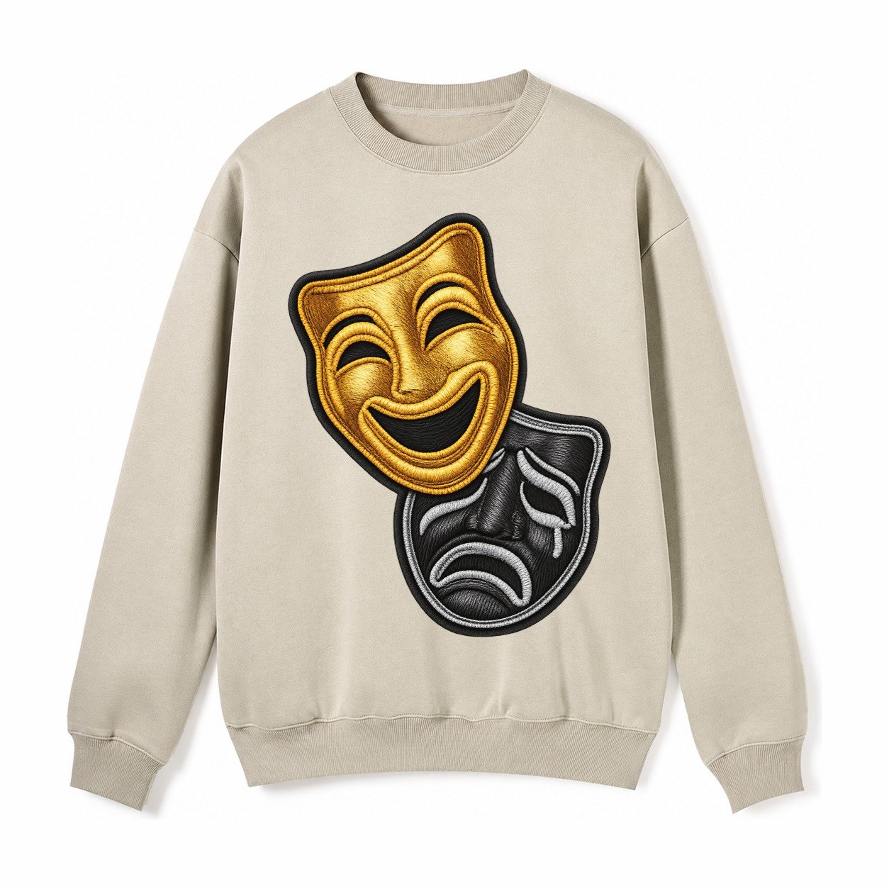Broadway Masks Comedy Tragedy Masks In Gold And Black Theate Fleece Sweatshirt – Light Khaki