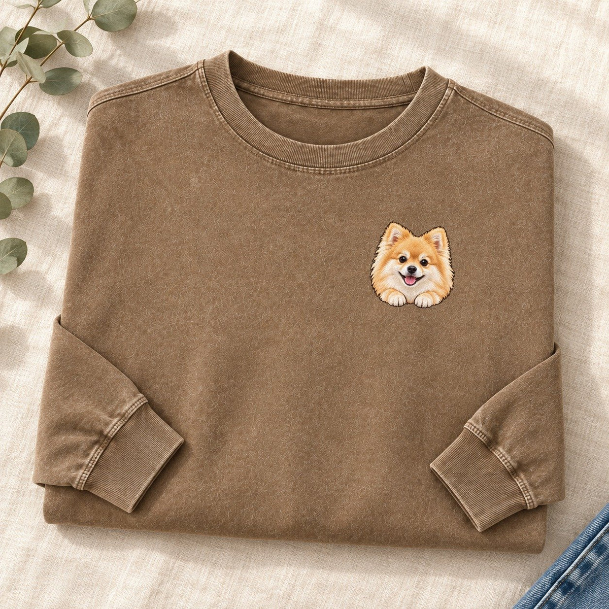 Pomeranian Left Chest Washed Long Sleeve T-Shirt – Coffee