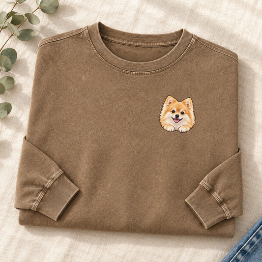Pomeranian Left Chest Washed Long Sleeve T-Shirt – Coffee