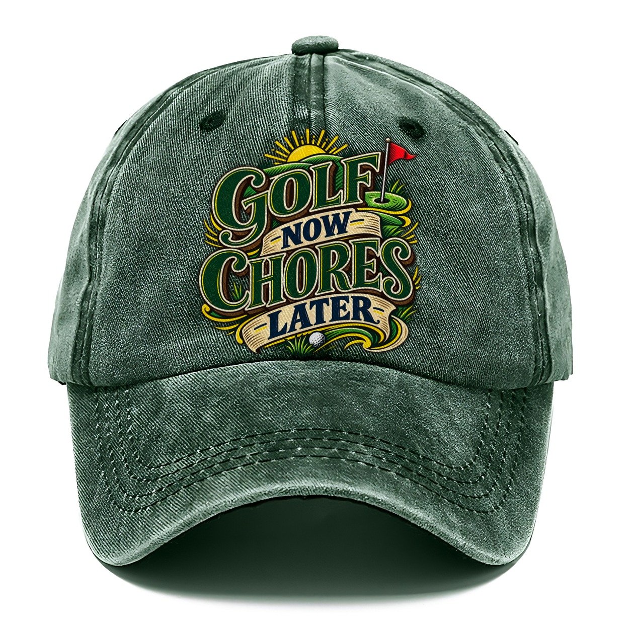 Golf Now Chores Later Retired Living Classic Cap – Forest Mist