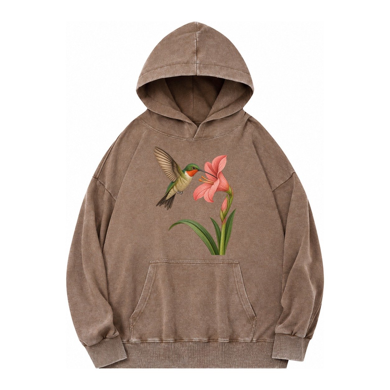 Hummingbird Haven Vintage Washed Hoodie – Brown