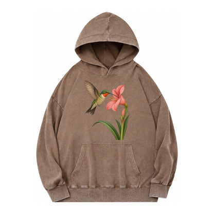 Hummingbird Haven Vintage Washed Hoodie – Brown