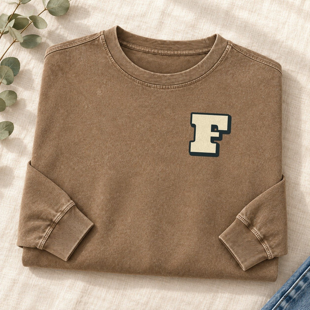 Initial F Left Chest Washed Long Sleeve T-Shirt – Coffee
