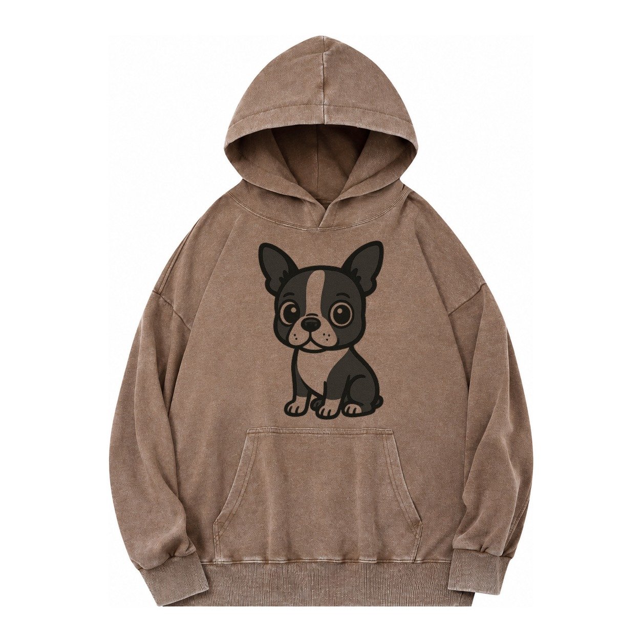 Boston Terrier Black And White Sitting Pose With Tuxedo Mark Vintage Washed Hoodie – Brown