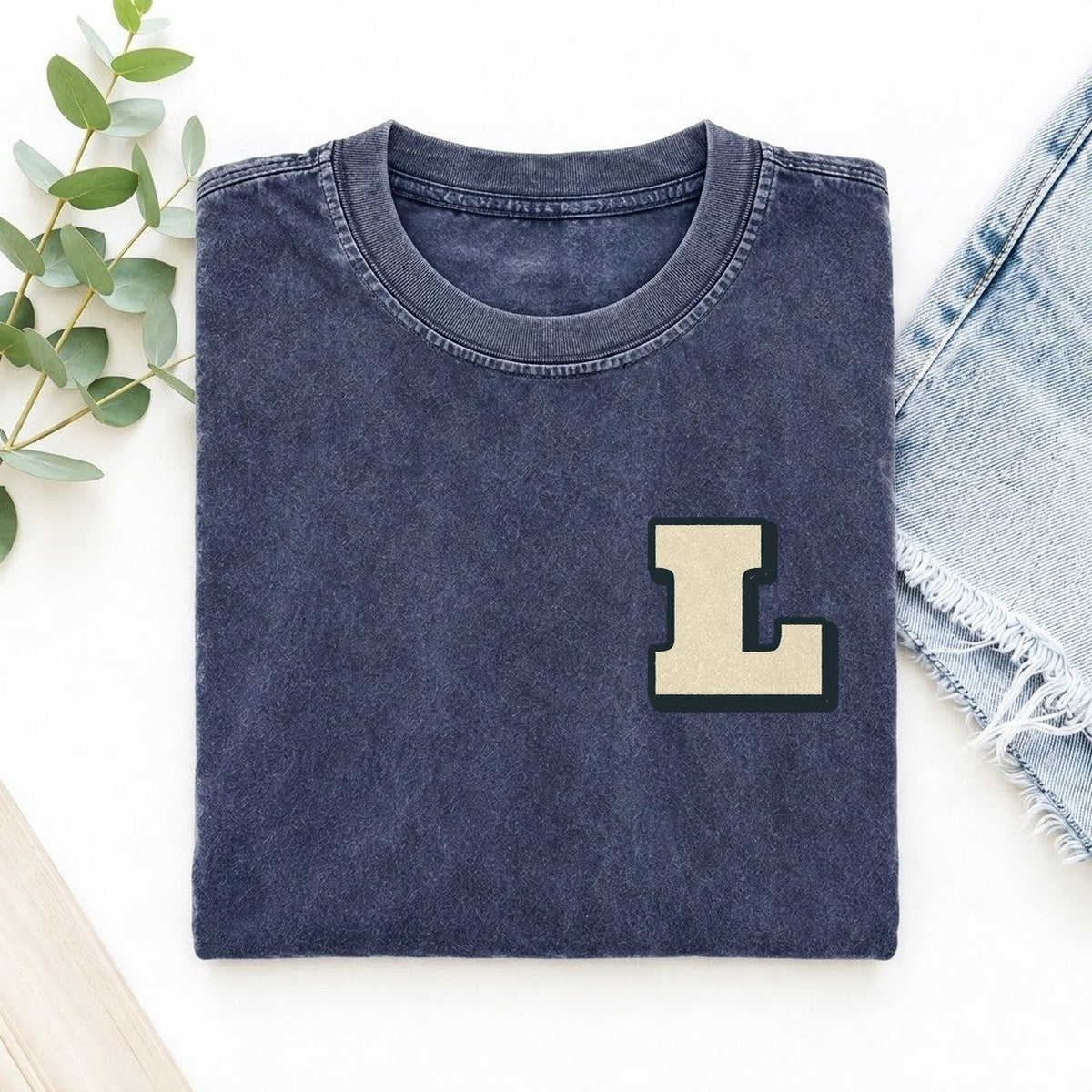 Initial L Left Chest Vintage T-shirt – Blue