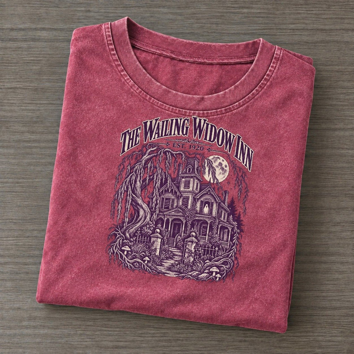 The Wailing Widow Inn Midnight Haunt Vintage T-shirt – Raspberry