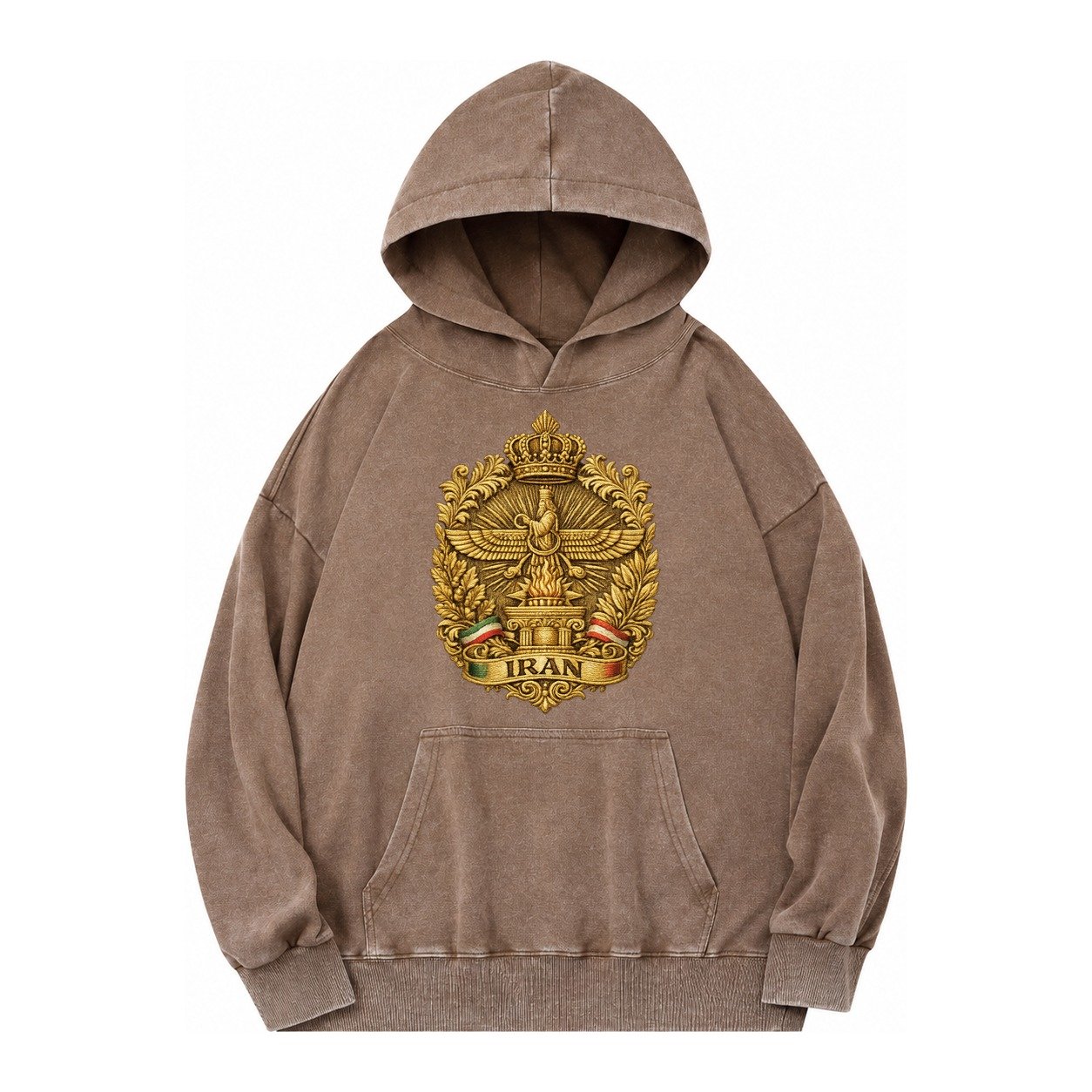 Iran Fire Temple Emblem Vintage Washed Hoodie – Brown