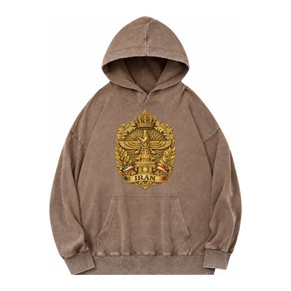Iran Fire Temple Emblem Vintage Washed Hoodie – Brown