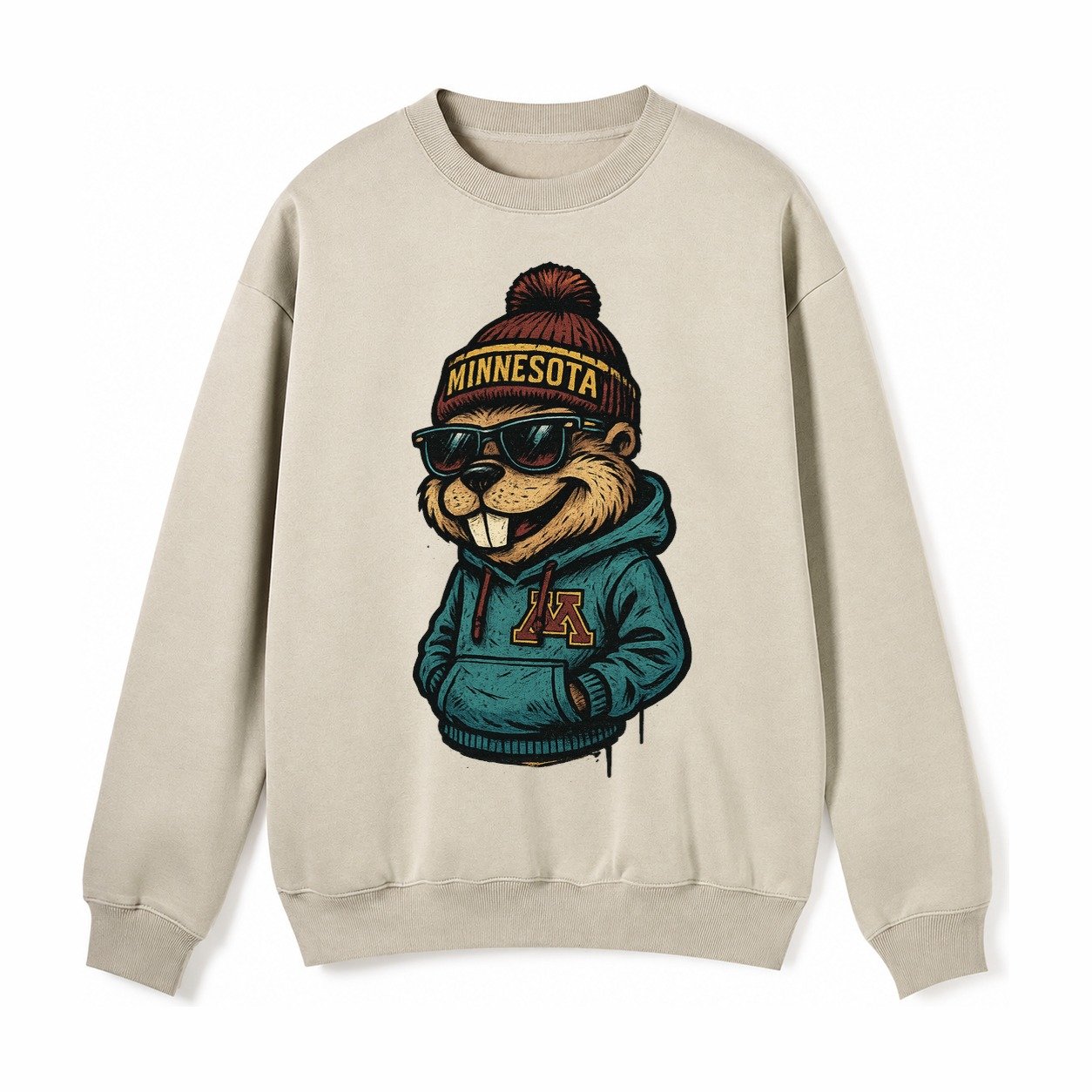 Minneapolis Gopher Wearing Minnesota Beanie With M Patch Fleece Sweatshirt – Light Khaki