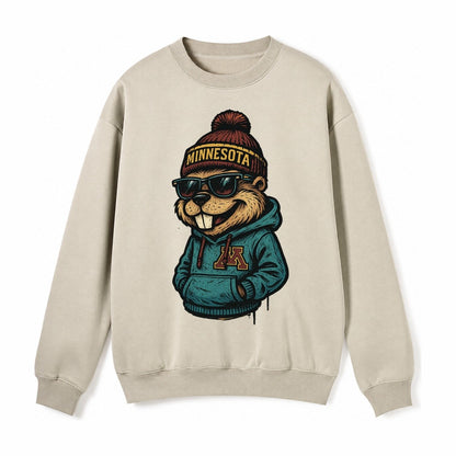 Minneapolis Gopher Wearing Minnesota Beanie With M Patch Fleece Sweatshirt – Light Khaki