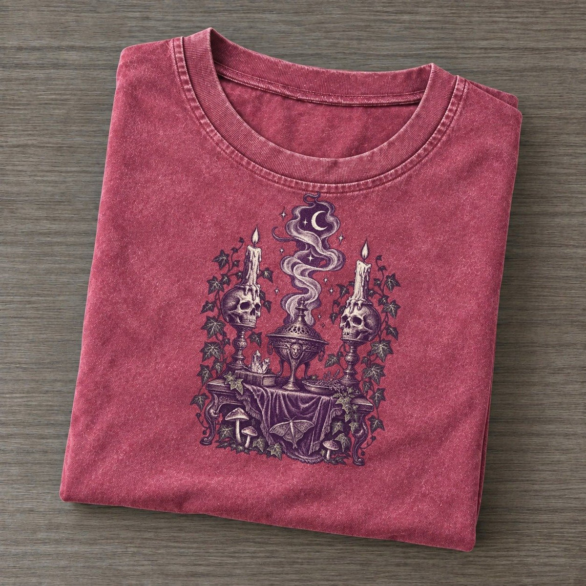 Skull Candleholders Incense Midnight Haunt Vintage T-shirt – Raspberry