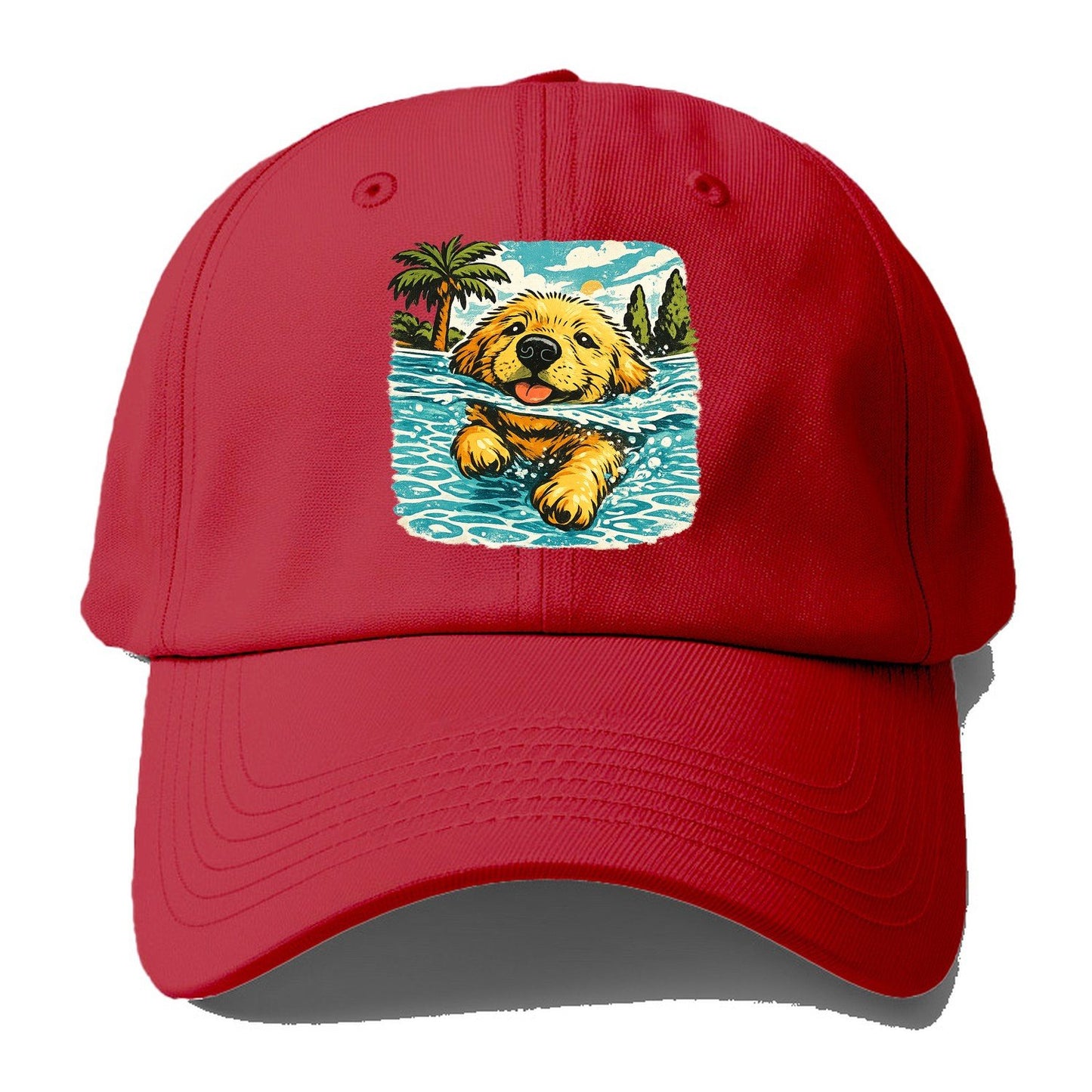 Golden Retriever Pool Pup Baseball Cap – Red