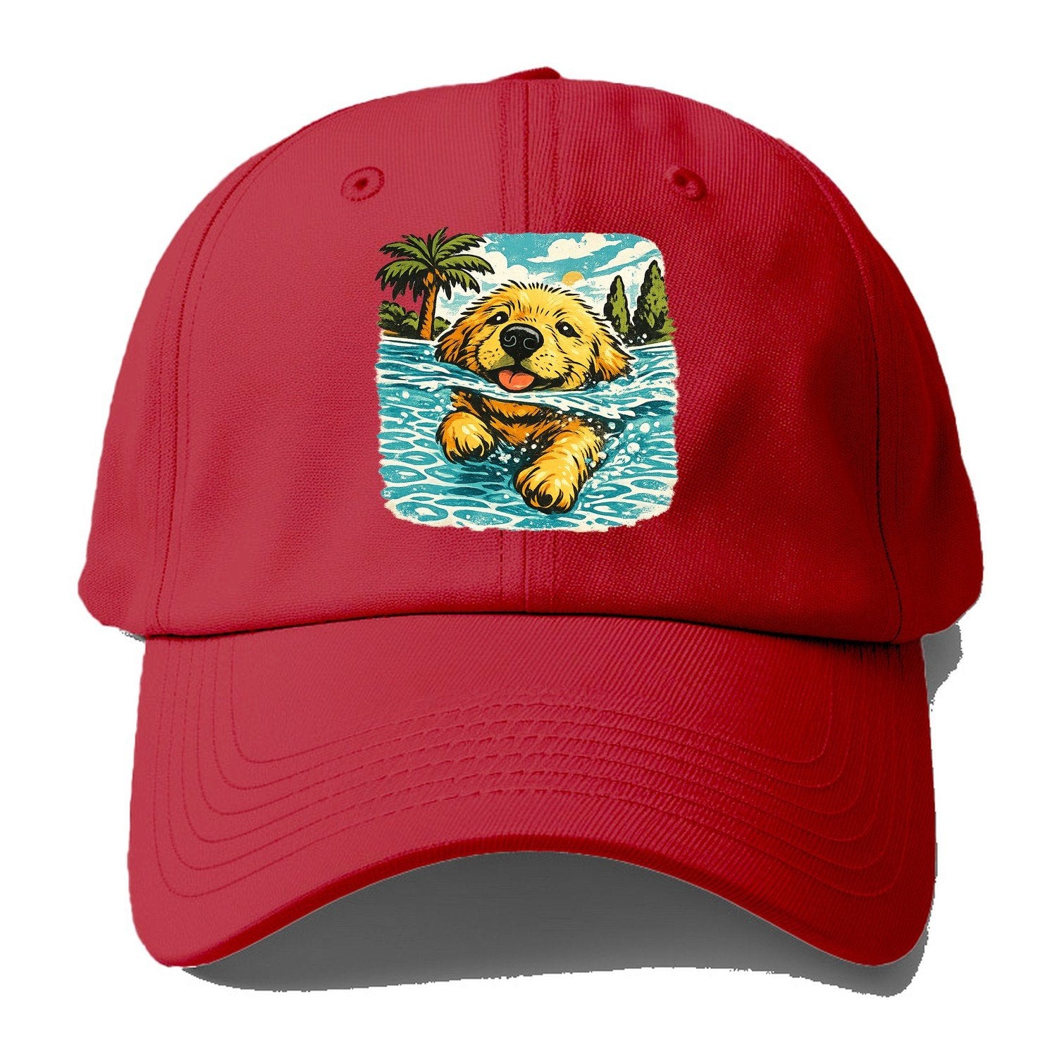 Golden Retriever Pool Pup Baseball Cap – Red