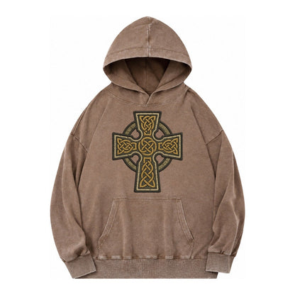 Celtic Cross Vintage Washed Hoodie – Brown