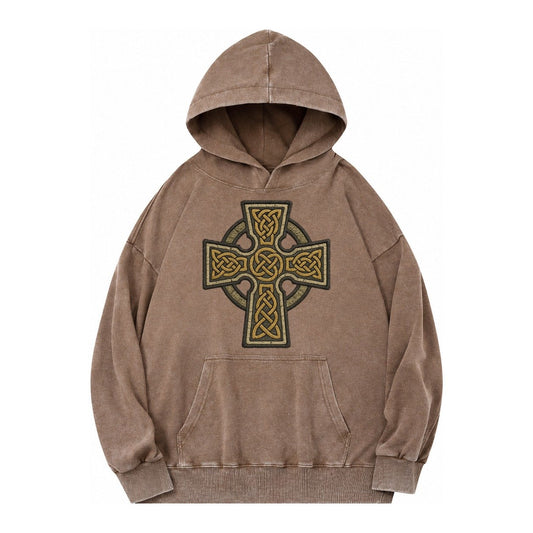 Celtic Cross Vintage Washed Hoodie – Brown