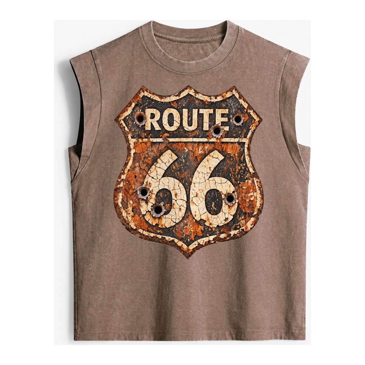 Weathered Marker Rust Aged Route 66 Sign Desert Sun Bleached Vintage Washed Tank – Brown