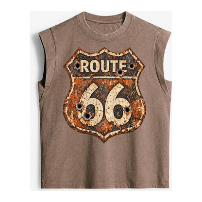 Weathered Marker Rust Aged Route 66 Sign Desert Sun Bleached Vintage Washed Tank – Brown