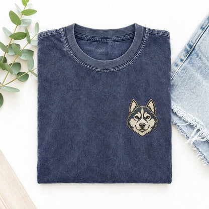 Husky Forward Ears Keepsake Emblem Left Chest Vintage T-shirt – Blue