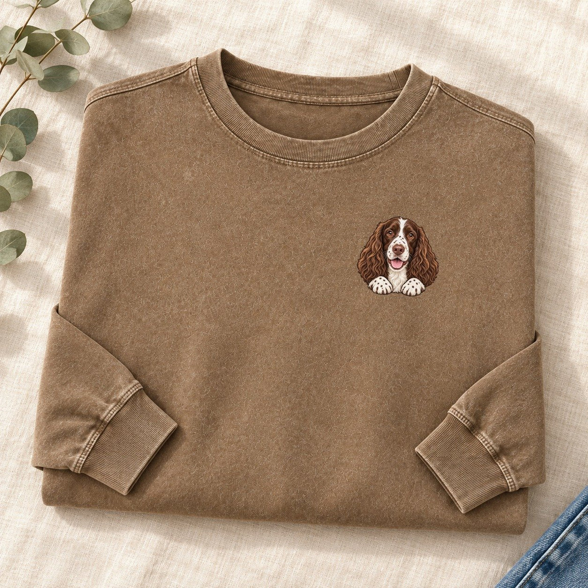 English Springer Spaniel Left Chest Washed Long Sleeve T-Shirt – Coffee