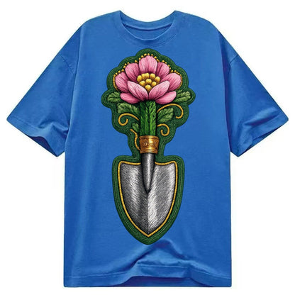 Embroidered Patch Design Gardening Trowel Flower Garden Tool Classic T-shirt – Blue